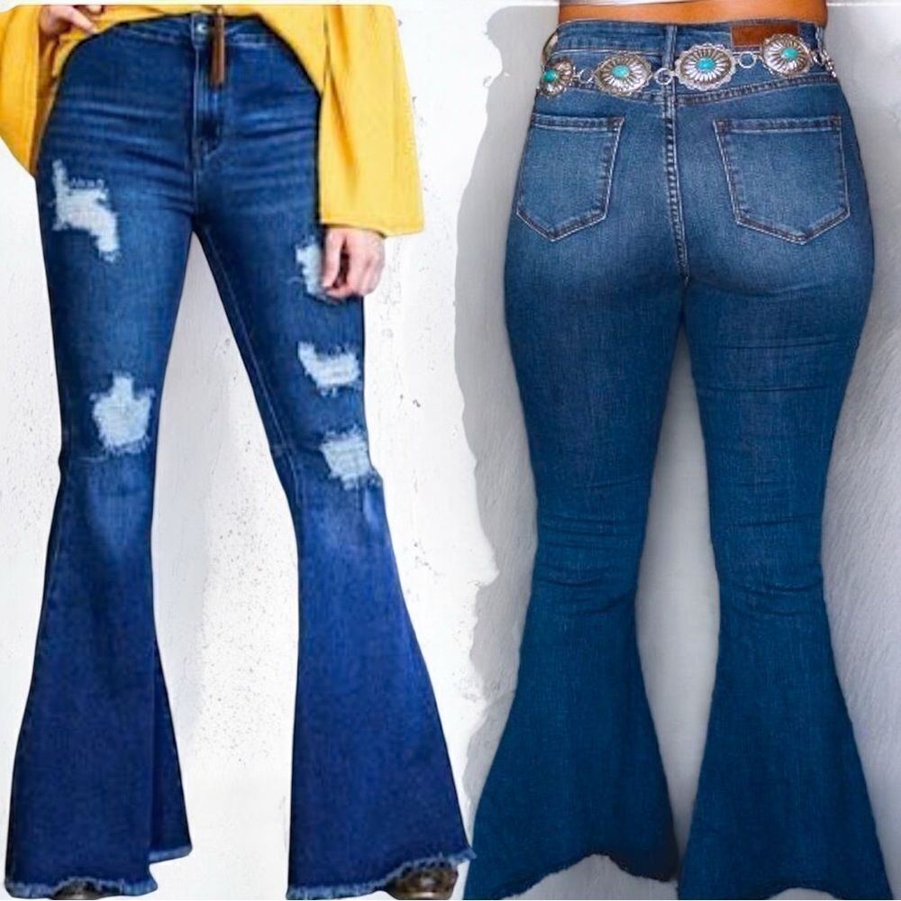 Dark Wash Distressed Flare Jeans | High Rise Stretch | Raw Hem | Plus Size | NWT - Picture 3 of 16